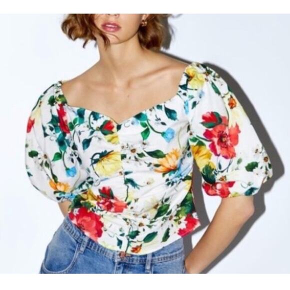 Zara Floral Puff Sleeve Blouse Off Shoulder Smocked Back M Romantic Cottage - Picture 1 of 5